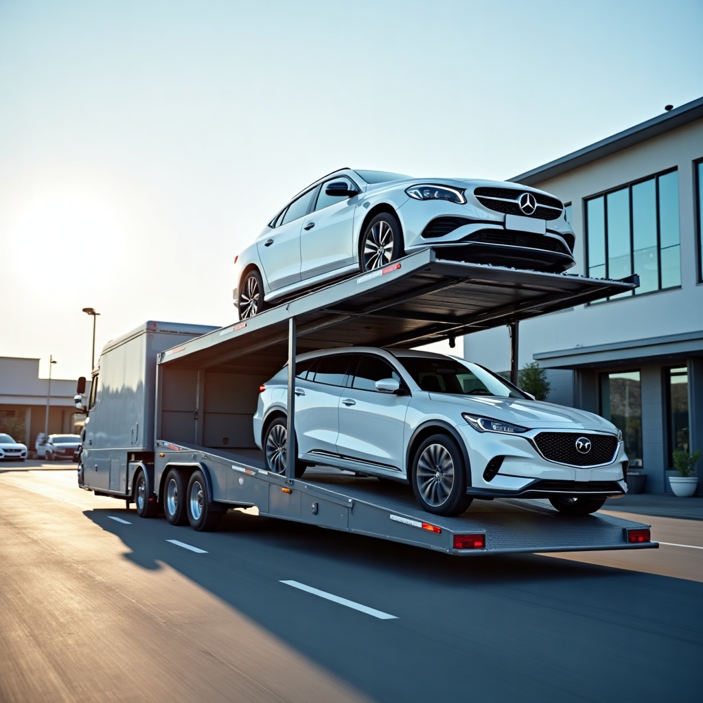 A car being loaded onto a multi-level auto-transport trailer.